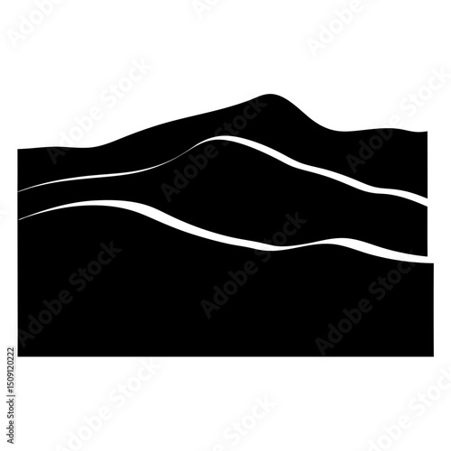 Dramatic monochrome landscape illustration with layered hills and flowing lines art