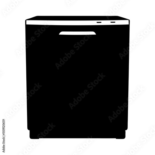 Monochrome illustration of a dishwasher appliance with a minimalist modern design style