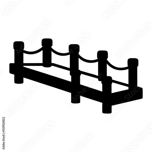 Detailed black and white silhouette illustration of a traditional wooden bridge