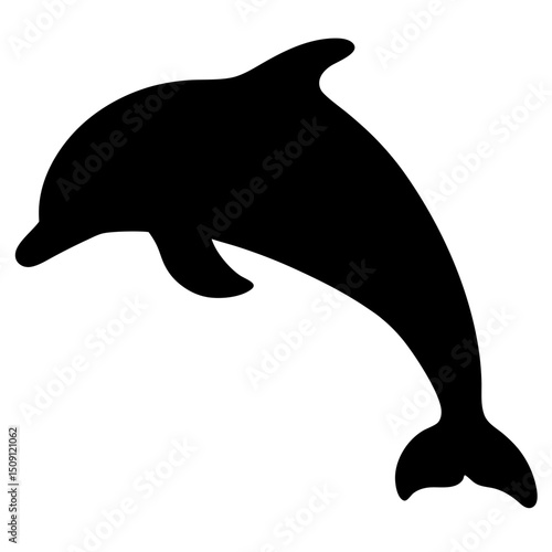 Elegant black silhouette of a dolphin leaping upwards with graceful curvature