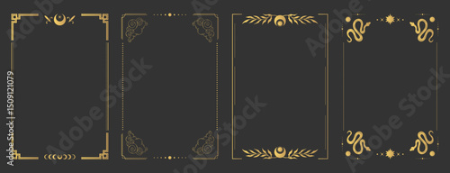 Empty golden border frames for Tarot cards. Tarot templates with space celestial elements and decorations. Vector illustration