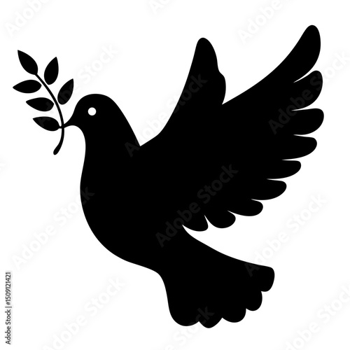 Stylized black silhouette of a dove carrying an olive branch illustration