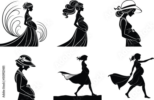 Elegant Silhouettes of Pregnant Women Expectant Mother Illustrations