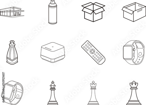 Various outlined objects, including building, spray can, boxes, watches, and chess pieces are visible with transparency