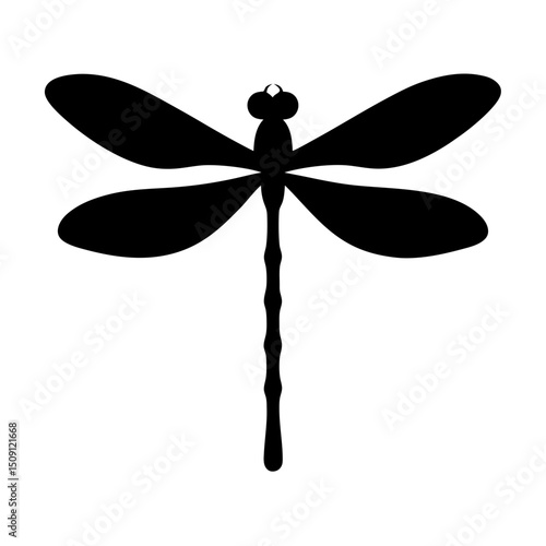 Black silhouette of a dragonfly against a white background with delicate lines