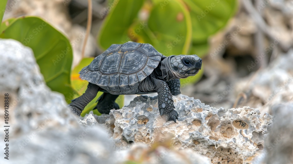 Fototapeta premium Tortoise slowly moving along a rugged trail surrounded by stones and natural terrain