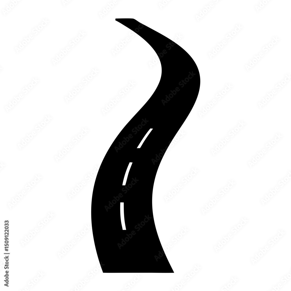 Simple black and white depiction of a winding road with lane markers Simple black and white depiction of a winding road with lane markers
