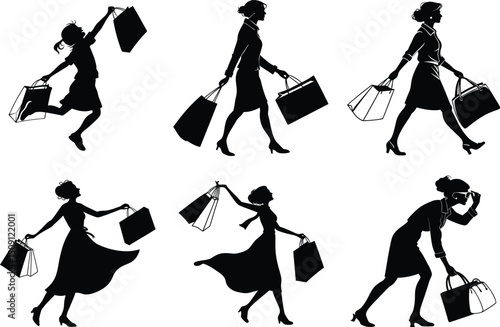 Silhouette Illustrations Women Shopping Spree - Joyful & Overwhelmed