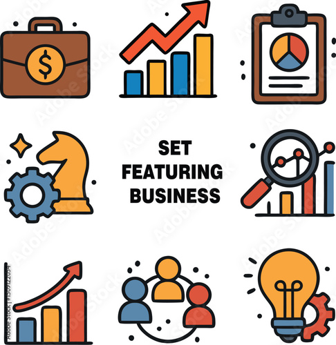 Illustration set featuring business growth, strategy, teamwork, and financial analysis