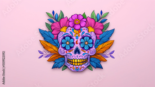 Colorful Pixel Art Sugar Skull with Floral Wreath on Pink Background
