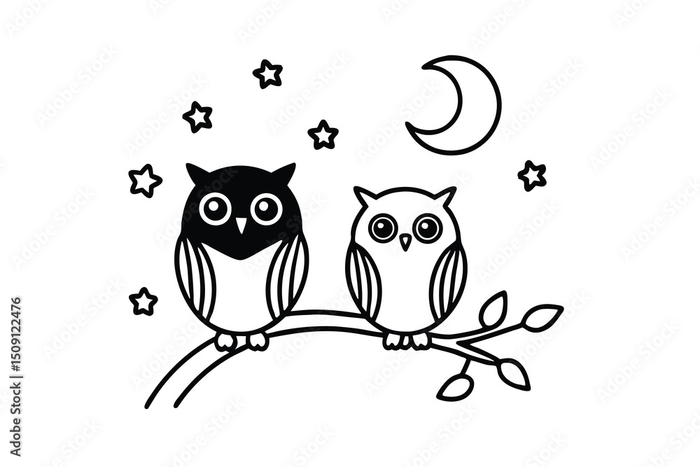 Fototapeta premium Two cute owls perched on branch night sky stars moon