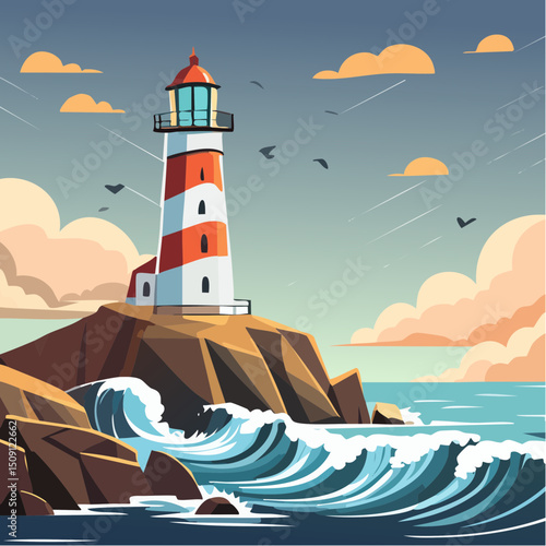 A lighthouse on a rocky cliff during a dramatic ocean storm
