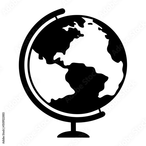 Black and white globe showing continents and oceans on a stand