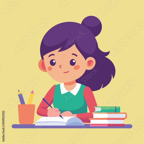 Enjoy a charming vector illustration of a little girl engaged in homework and drawing, showcasing learning and creativity