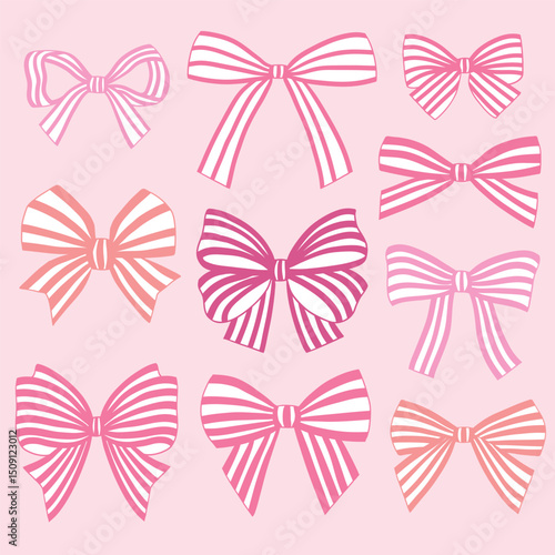 Set of hand drawn pink striped vector bows for clipart sticker or nursery design.