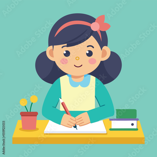 Enjoy a charming vector illustration of a little girl engaged in homework and drawing, showcasing learning and creativity