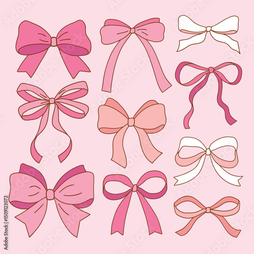 Set of hand drawn pink vector bows for clipart sticker or nursery design.