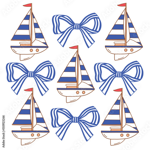 Set of hand drawn blue vector bows and sailboat for clipart sticker or nursery design.