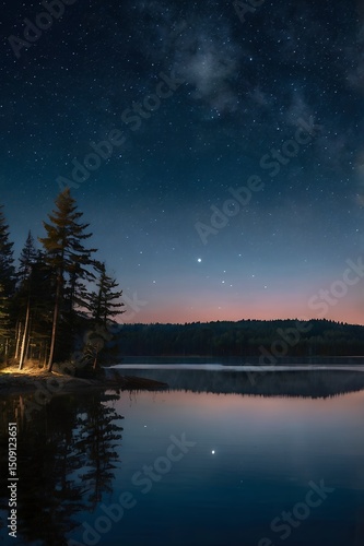 Starry night sky over a calm wilderness lake with reflections and a glowing campsite in the pine forest.