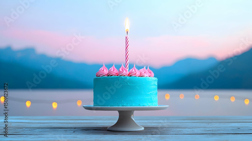 Teal Birthday Cake with Pink Frosting and Lit Candle on Lakeside Deck at Sunset
