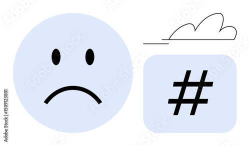 Sad face icon paired with a metadata tag and stylized cloud underline. Ideal for emotions, social media, mental health awareness, digital communication, minimalism, melancholy concepts, simple