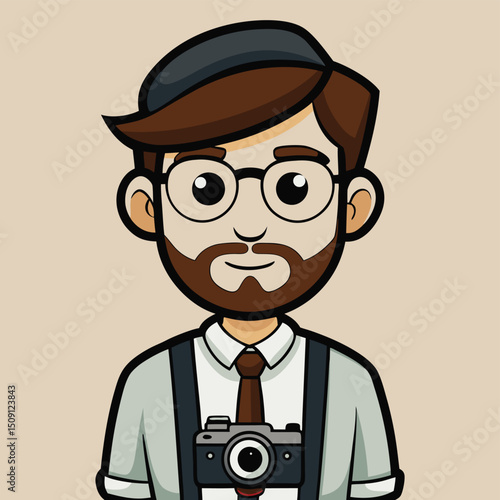 Hipster with suspenders and vintage camera taking photo