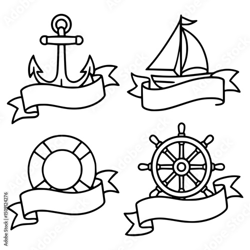 Vector Nautical Banner Illustration: Anchor, Sailboat, Life Preserver & Ship Wheel in Black and White Line Art with Vintage Maritime Theme Artwork for Graphic Design and Logo Emblems