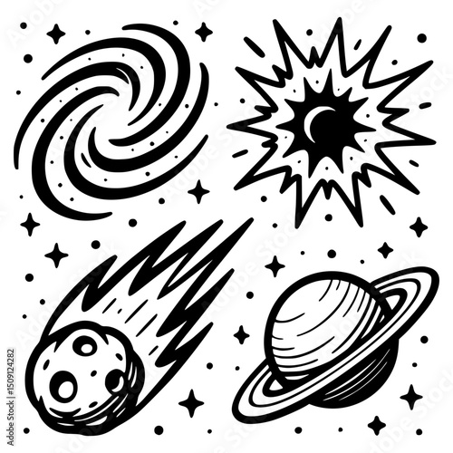 Vector Galaxy Explosion with Comets and Planets - Abstract Black and White Cosmic Artwork for Space and Astronomy Illustrations.