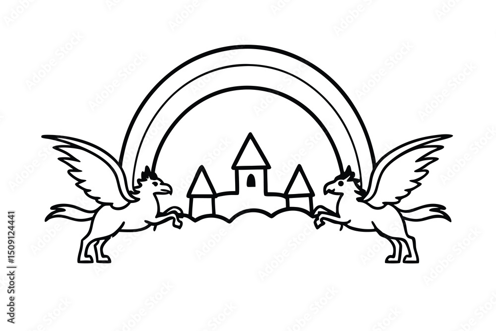 Fototapeta premium Two winged horses flying over a castle rainbow background
