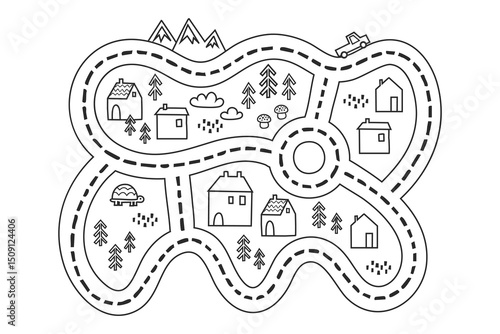 outline road map with roundabout, houses, forest trees, mountains, car, clouds, mushrooms and turtle in black line art style on white background, concept of coloring page, kids education, toy map