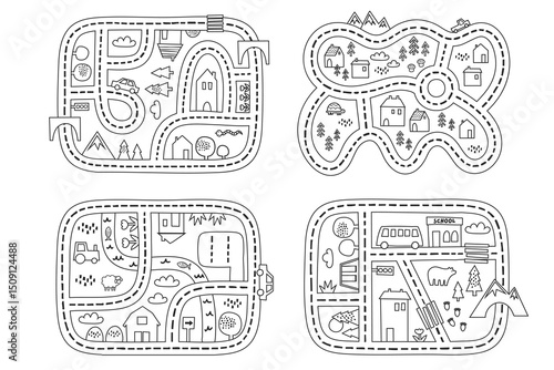set of four outline road maps with school, farm, mountain and village themes in black line art style on white background, concept of coloring pages, toy maps, preschool education