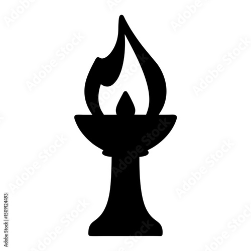 Silhouette of a stylized oil lamp or torch, burning brightly on white