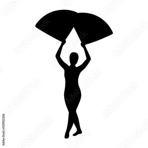 Silhouette of elegant female color guard performer with large flags in black