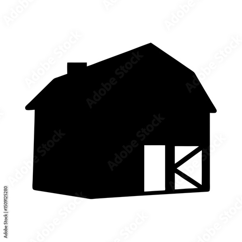 Silhouette of a rustic barn with sliding doors and a chimney