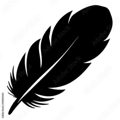 Single black feather illustration on a plain white backdrop background image