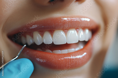 Bright white veneers adorn a confident smile, enhanced by soft reflections. In a pristine clinical environment, a dental professional examines the mouth with precision tools, ensuring quality care
