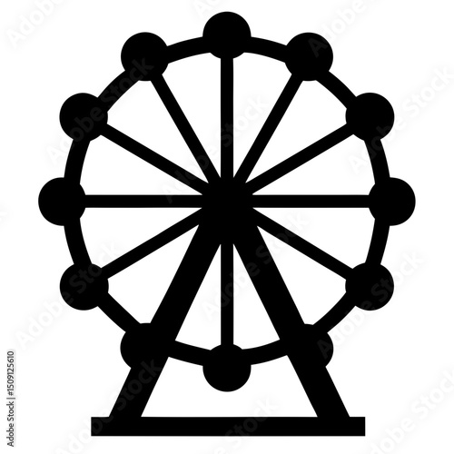 Black silhouette of a Ferris wheel with circular gondolas against white background