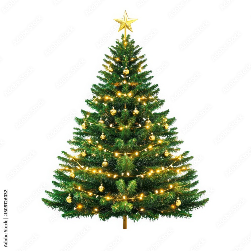 Decorated christmas tree with lights and gold ornaments isolated on white background Decorated christmas tree with lights and gold ornaments isolated on white background