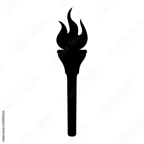 Black silhouette of a flaming torch against a white background is iconic