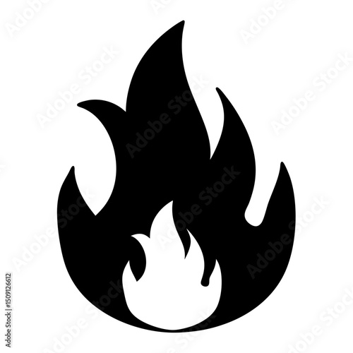 Black and white icon depicting a flame or fire graphic design