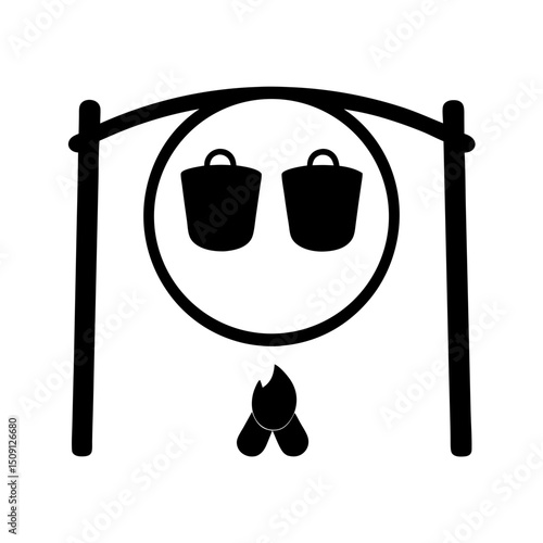 Simplified Icon of Campfire Cooking with Pots on a Hanging Bar
