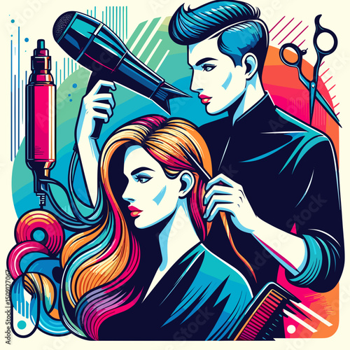 Talented hairstylist styling a woman's hair with a hairdryer and scissors in a colorful graphic design