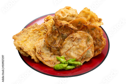 Fried food gorengan bakwan, Bala-bala, Tahu isi and tempeh with chili fritters Indonesian street food