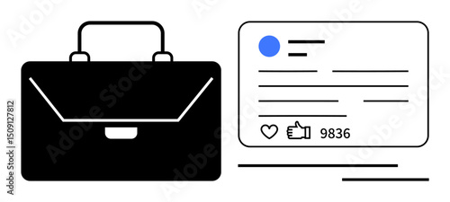 Black briefcase symbolizing business with a digital social media interface showing thumbs ups, comments, and engagement. Ideal for business growth, marketing, social media, networking, analytics