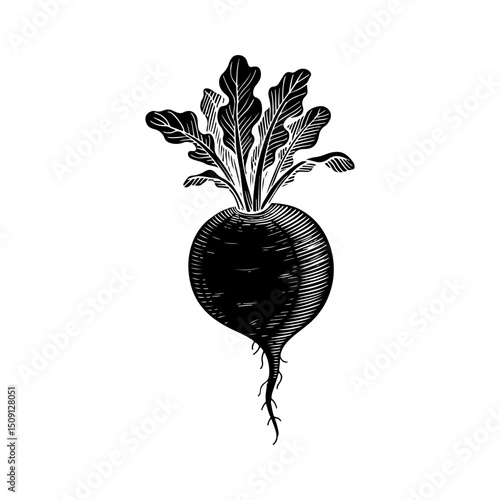 Hand-drawn illustration of a beet root vegetable with leaves