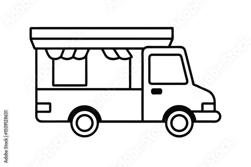 Simple line drawing of a food truck with awning