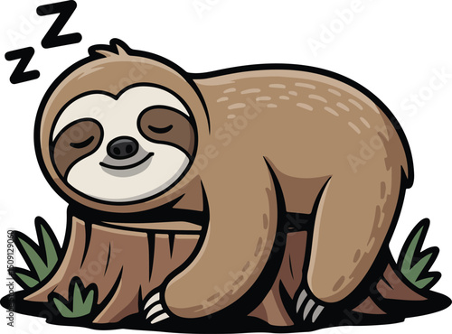 cartoon sloth sleeping on brown stump