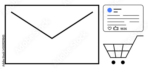 Envelope symbolizing email, social media interface with thumbs ups and user engagement, shopping cart for e-commerce activities. Ideal for email marketing, social media strategy, online business