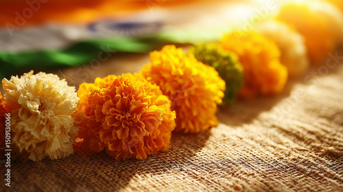 Vibrant marigold garlands in saffron, white, and green on fabric, celebrating India's Independence Day spirit