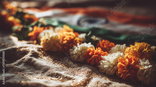 Vibrant marigold garlands in saffron, white, and green on fabric, celebrating India's Independence Day spirit